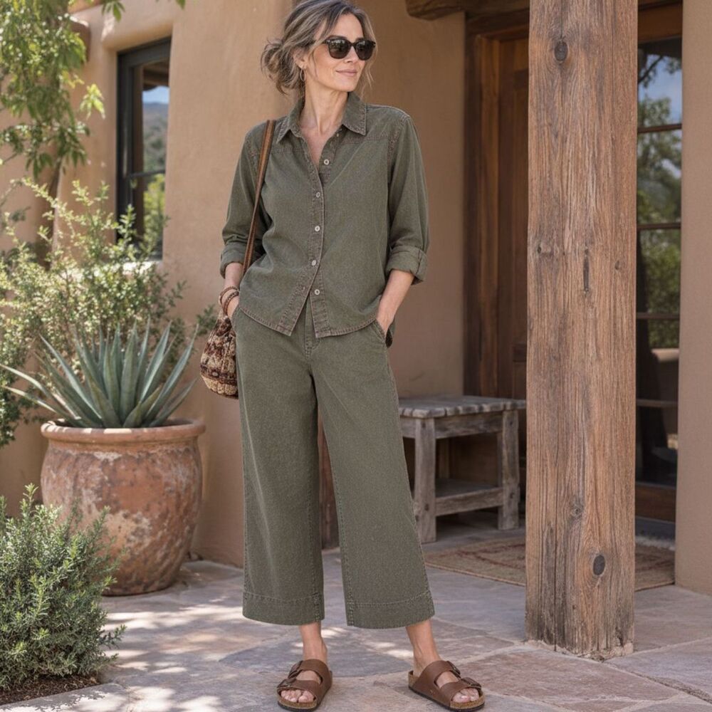 Vintage 90s Chicos Design Olive Green Linen Shirt Red Stitch Top Sz 1 M